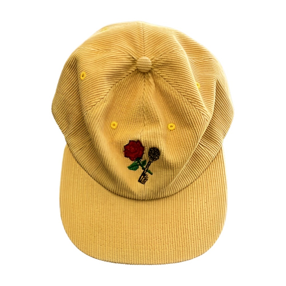 Yellow Corduroy Hat With Red Rose Embroidery